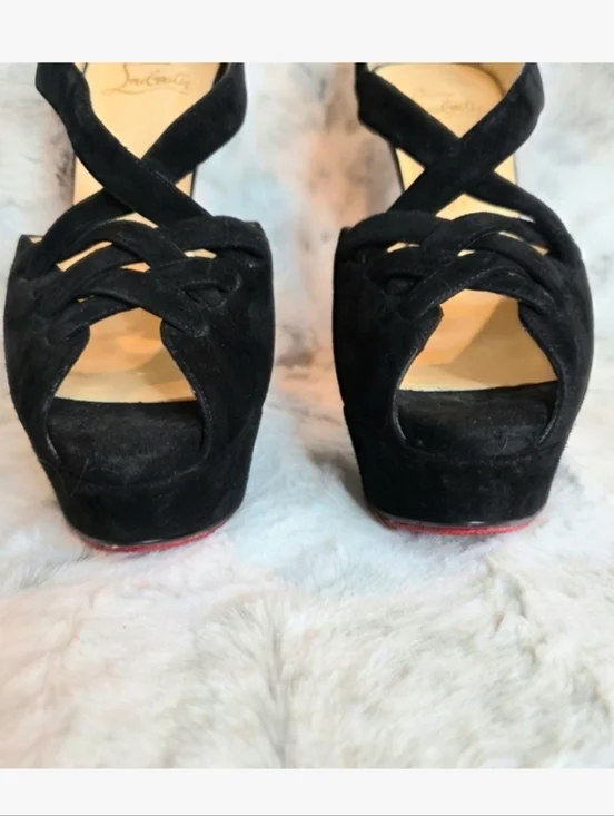 Christian Louboutin Black Suede Strappy Peep-Toe Platform Heels EU 38.5 / US 8 - Picture 4 of 11
